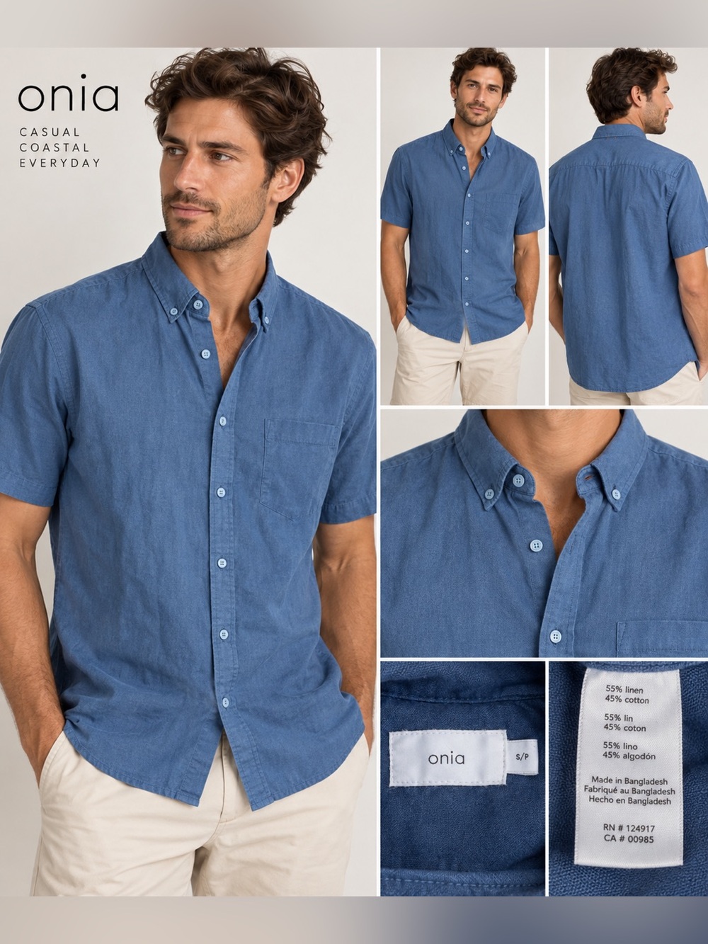 Onia Men’s Linen Cotton Short Sleeve Button Down Shirt Blue S